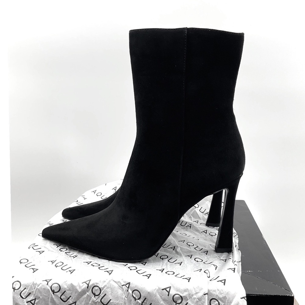 AQUA Womens Black Faux Suede Pointed Toe Flared Heel Ankle Boots Bloomingdales